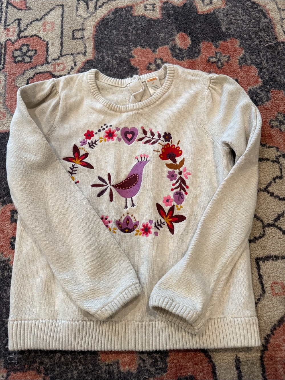 Gymboree Cream Sweater with Purple Bird and Floral Wreath